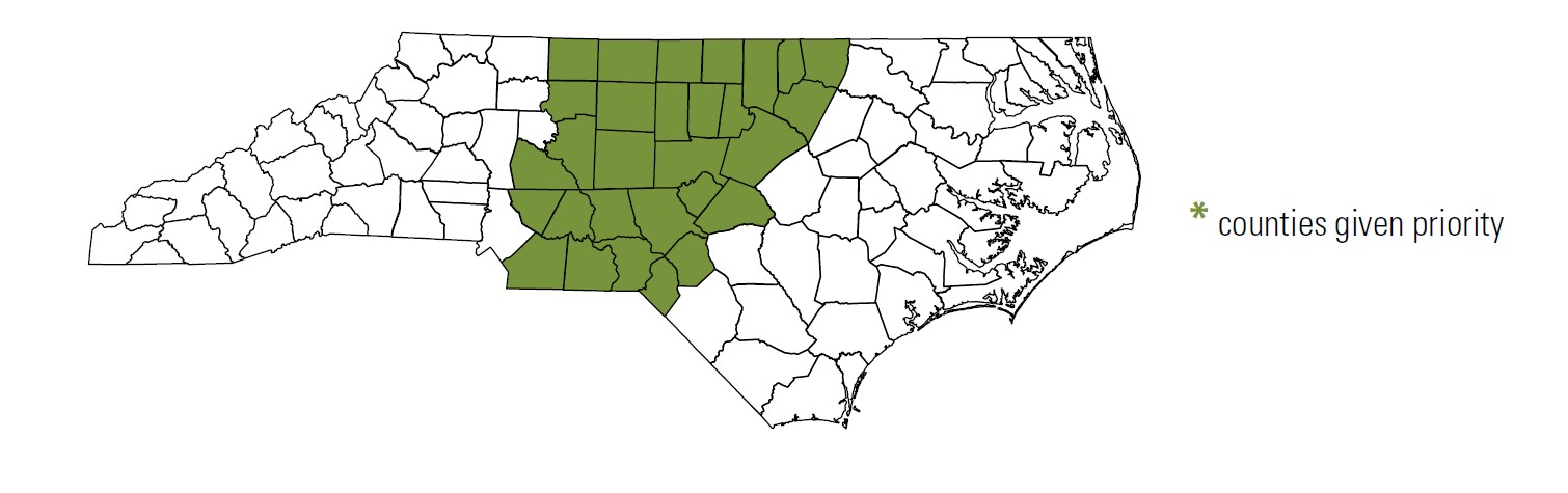NC county map showing eligible counties for workshop attendees