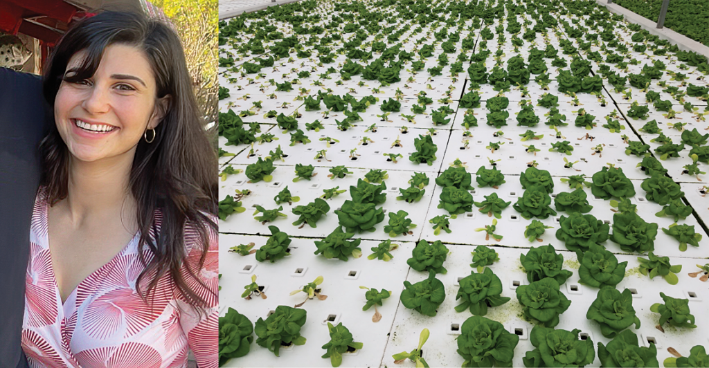 Photo of Cora McGehee left and an image of hydroponic lettuce in production