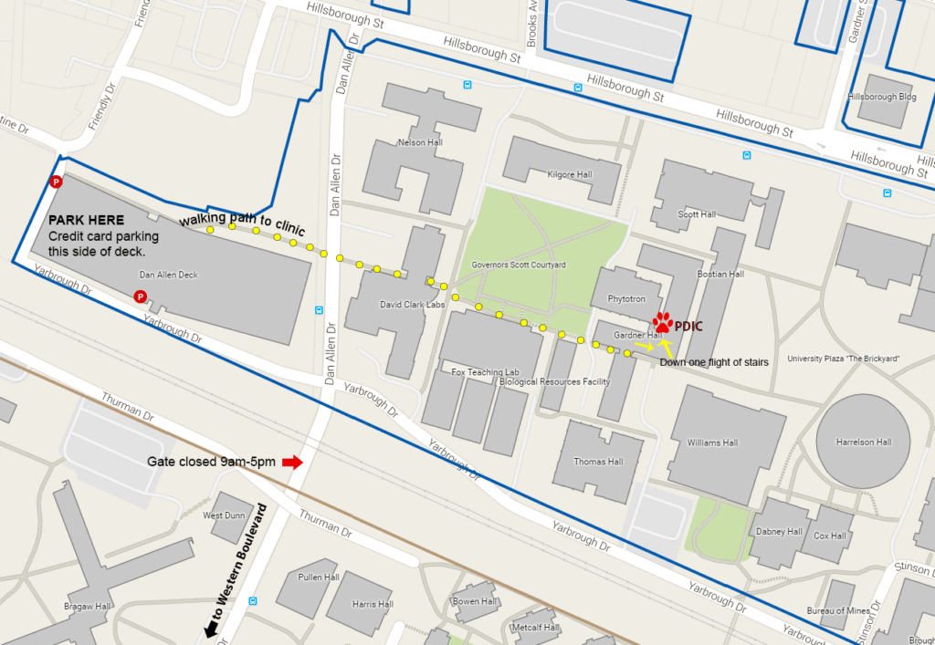 Map showing walking route from the Dan Allen Drive parking deck to the PDIC.