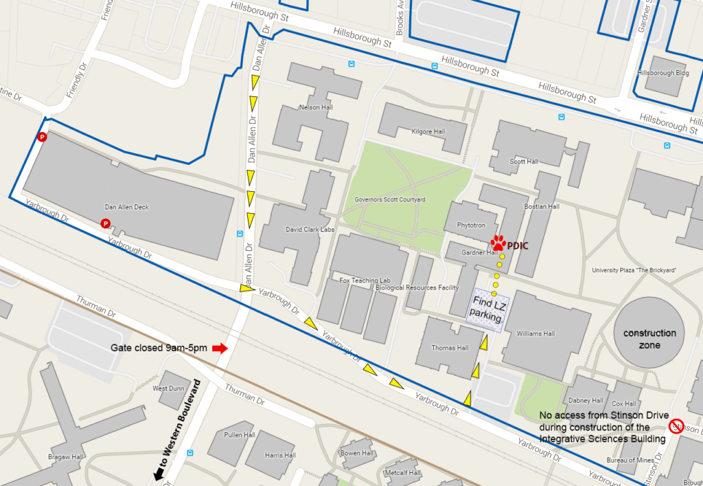 Map showing how to reach the PDIC from Hillsborough St.