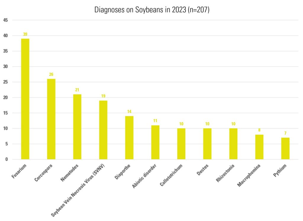 Top diagnoses for soybean in 2023: Fusarium 39, Cercospora 26, Nematodes 21, Soybean Vein Necrosis Virus (SVNV) 19, Diaporthe 14, Abiotic disorder 11, Colletotrichum 10, Dectes 10, Rhizoctonia 10, Macrophomina 8, Pythium 7