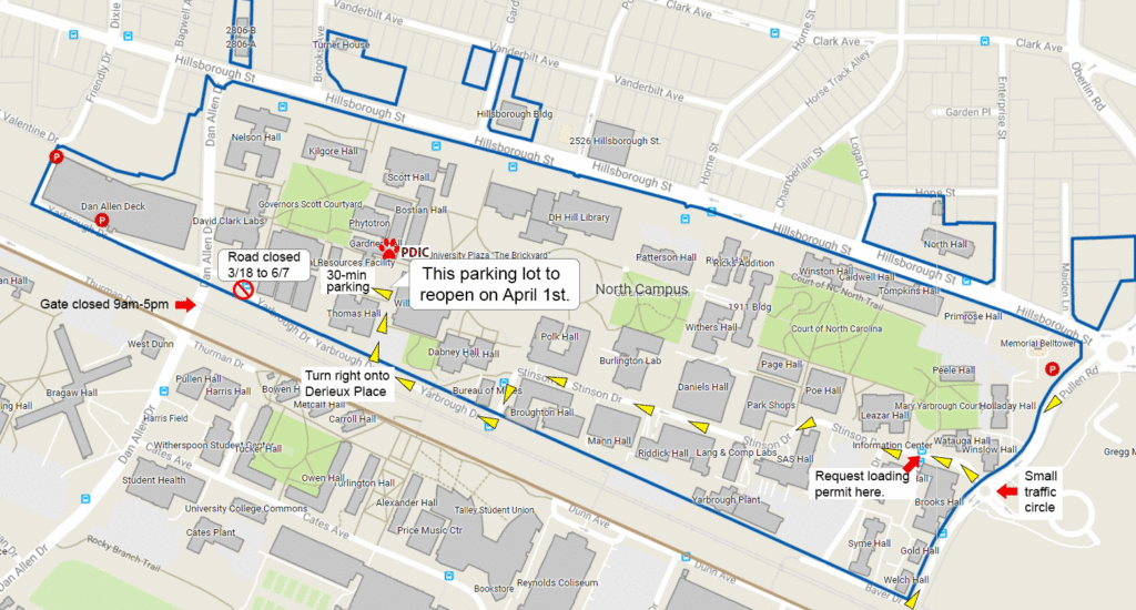 Map showing driving route from Pullen Road to Stinson Avenue to Yarbrough Drive to Derieux Place