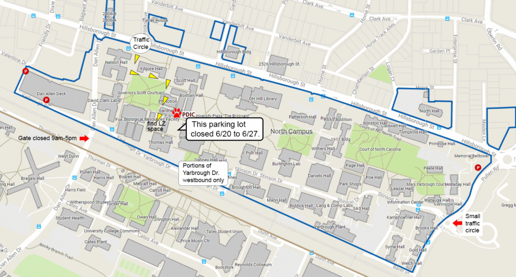 Map showing entrance at Hillsborough St. at Brooks Ave. and leading to the Gardner West parking lot.