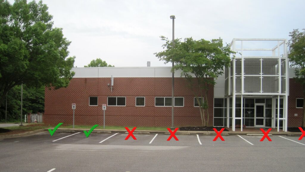 Front of module 10 showing allowed and restricted parking spaces
